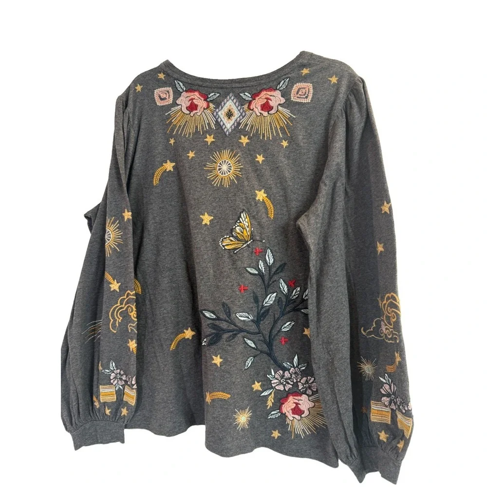Johnny Was Selah Cuffed Puff Long Tee Gray Crew Floral Embroidery Shirt Large